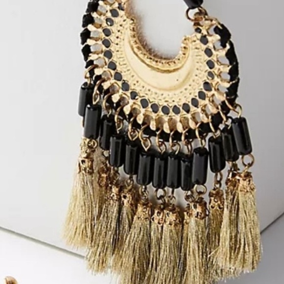 Anthropologie Daria Gold Fringe & Black Bohemian Boho Resin Drop Earrings NWT - Picture 5 of 6